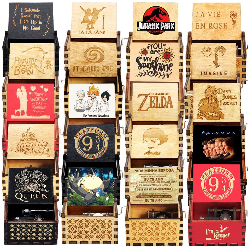 52 Theme Music Box Wooden Hand Cranked Queen Jurassic Park You're My Sunshine Neverland Birthday Gift  Halloween Gifts
