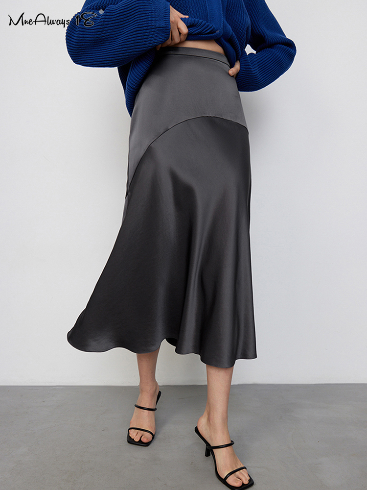 Mnealways18 Silky Women Skirt Chic Trumpet Skirts Satin Summer High Waist Drape Midi Skirt Office Ladies Elegant Mermaid Skirts