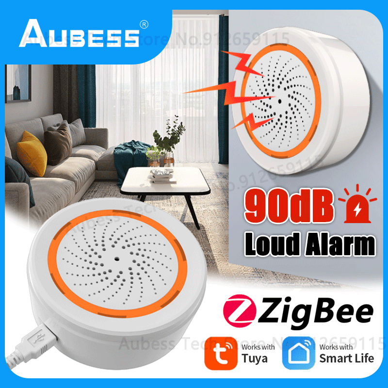 AUBESS Tuya ZigBee Siren 90dB Sound Light Alarm Smart Home Security Protection Alarm System Work With Smart Life Zigbee Gateway