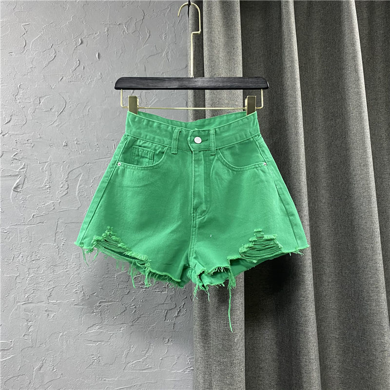 Summer   Wide Leg Pants Candy Color Ripped Denim Shorts Female High Waist Green A-line Shorts Pants
