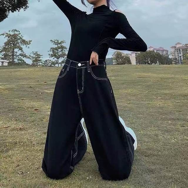 Vintage high waist black jeans women  version of ins loose and thin wide-leg pants college style wild straight-leg pants