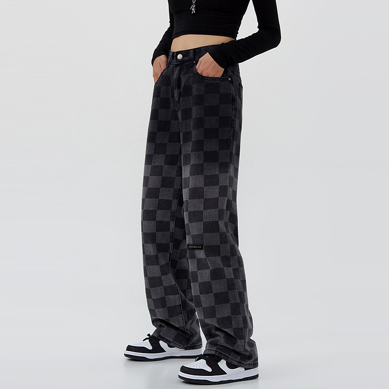 Women Black Gradient Jeans Plaid Vintage Straight Pants High Waist Casual  Wide Leg Baggy Denim Trouser Ladies Summer