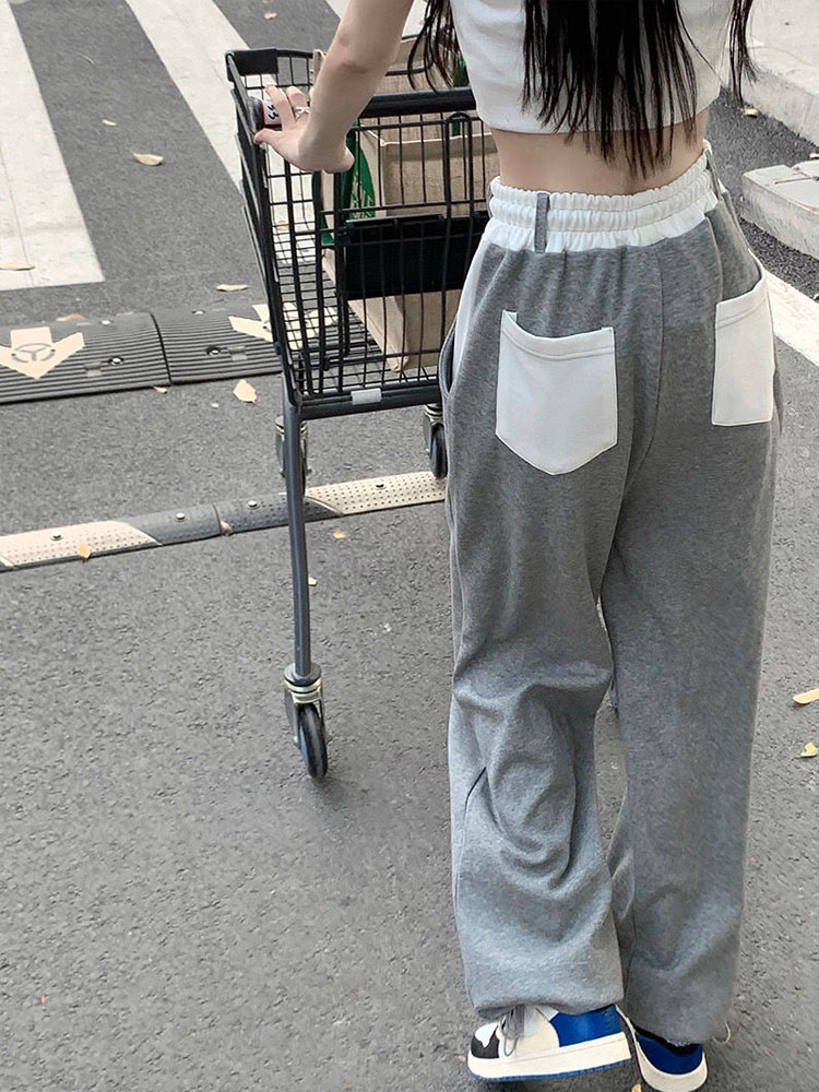 HOUZHOU Gray Wide Leg Pants Women Joggers Baggy   Vintage Sweatpants Casual Streetwear Aesthetic Harajuku Trousers