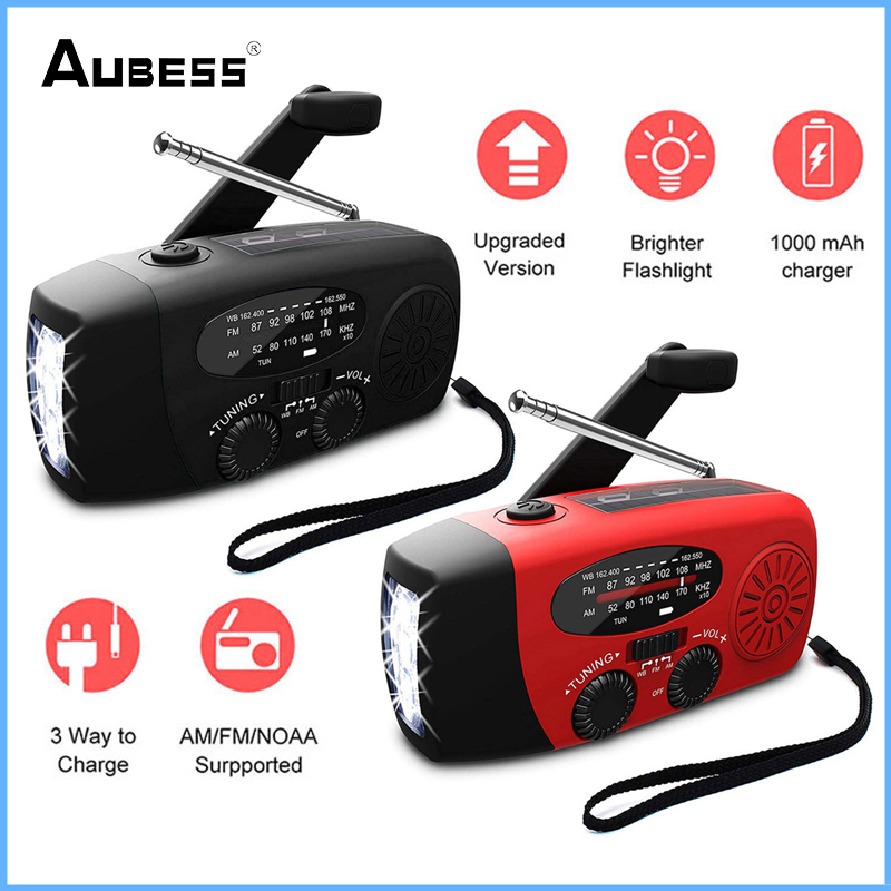 3 LED Lights Flashlight Hand Crank Radio， Portable Solar Radio AM/FM NOAA Weather Radio， 1000mAh Power Bank USB Charger