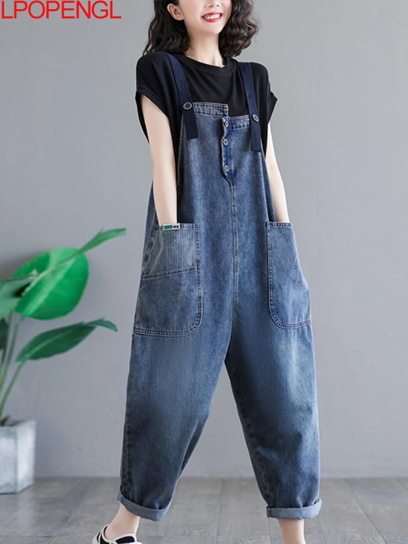 Women Jumpsuits  Casual Loose Denim Rompers Ladies Retro Simple All-match Denim Strap Nine-point Cargo Pants Overalls