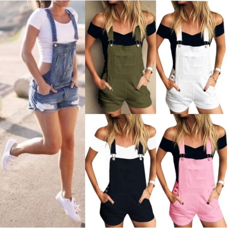 Summer Cargo Pants Women Jeans Overalls Casual Sports Double Shoulder Streetwear Solid Black Baggy Distressed Denim Short Pants