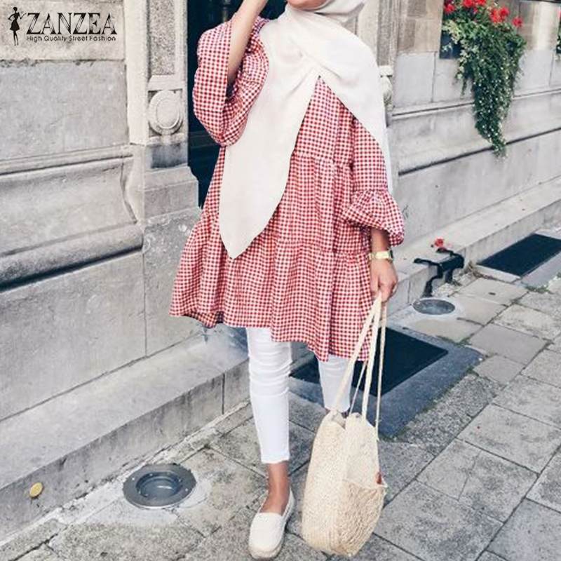 Casual Islamic Clothing Muslim Loose Tunic Ladies Kaftan Blusas Plaid Tops  Spring ZANZEA Elegant Women Blouse Femme Chemise