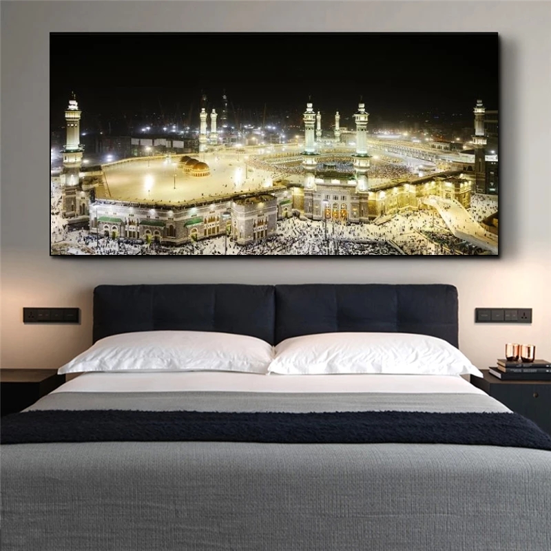 Mecca Mosque City Islamic Muslim Mural Canvas Painting Poster Family Interior Room Bedroom Wall Decoration Art (No Frame)