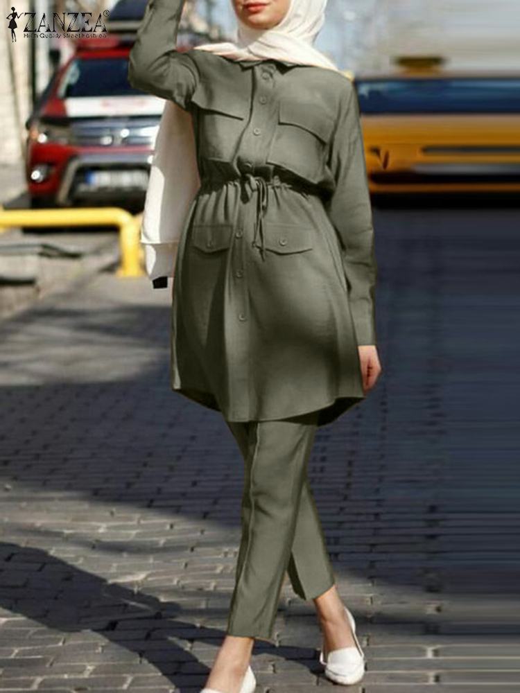 ZANZEA  Casual Party Sets Abaya Kaftan Women Islamic Clothing Muslim Suit Solid Color Lapel Tunic Tops Drawstring Pant