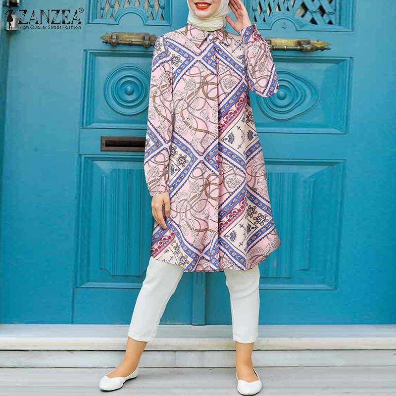 Bohemian Casual Loose Elegant Tops Shirts ZANZEA Muslim Islamic Women Full Sleeved Lapel Vintage Blouse Elegant Printed Button