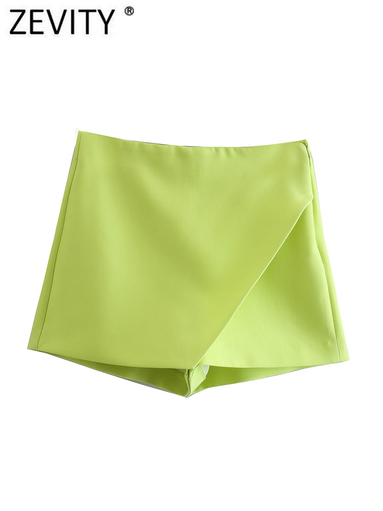 ZEVITY Women  Candy Color Asymmetrical Shorts Skirts Lady Zipper Fly Pockets Shorts Chic Pantalone Cortos P532