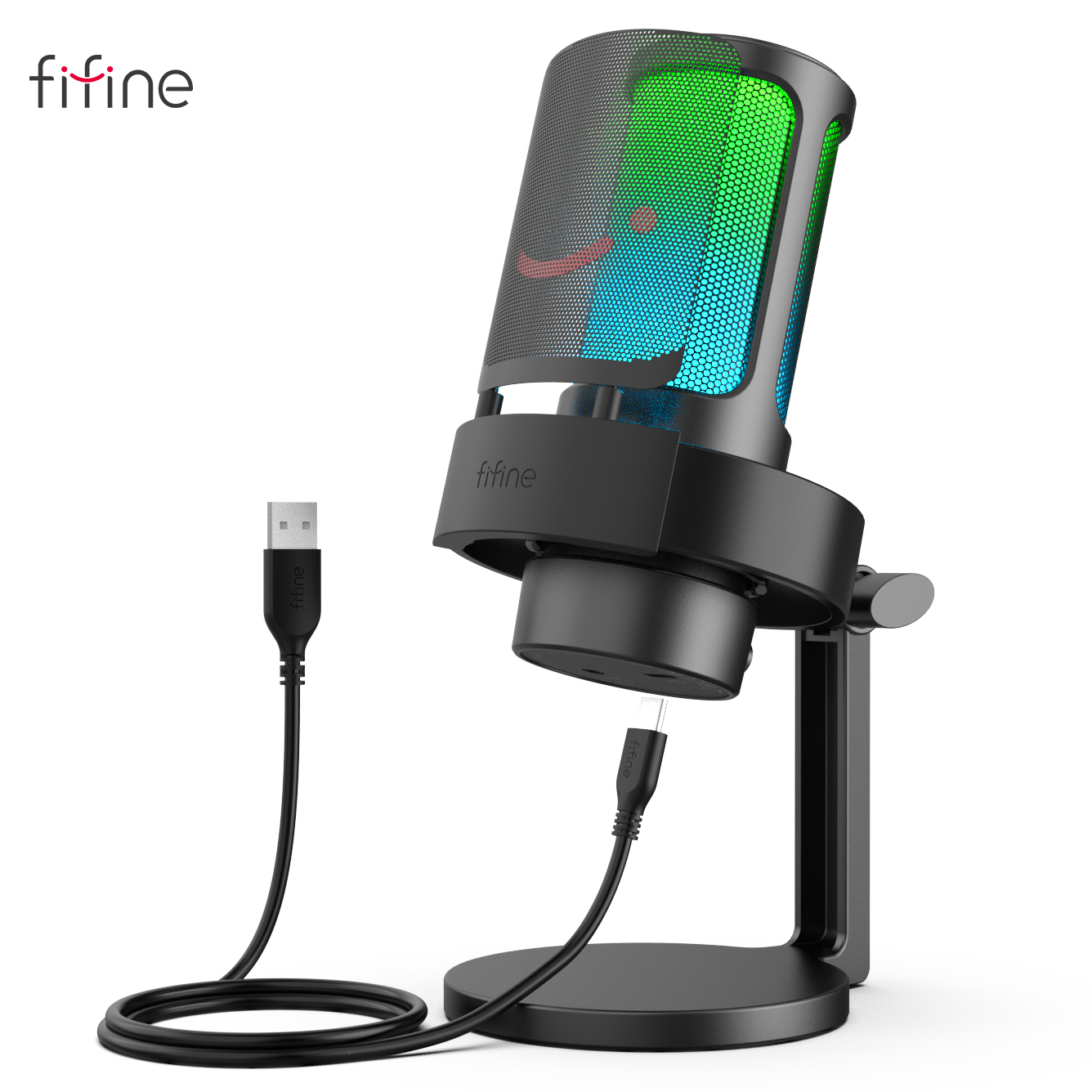 FIFINE USB Microphone for Recording and Streaming on PC and Mac，Headphone Output and Touch-Mute Button，Mic with 3 RGB Modes -A8