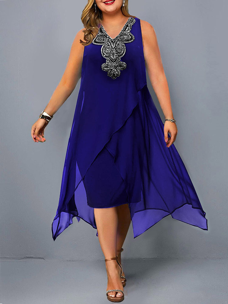 Plus Size Dresses Women Elegant Embroidery Evening Party Dress  Summer Blue Mesh Sleeveless Casual Dress Club Outfits