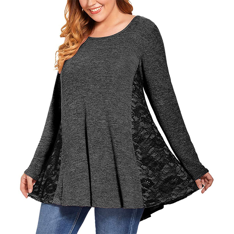 5XL 6XL Plus Size Flowy Tops Women Long Sleeve Lace Patchwork Elegant Blouse Shirt Female Loose Oversized Long Peplum Tops