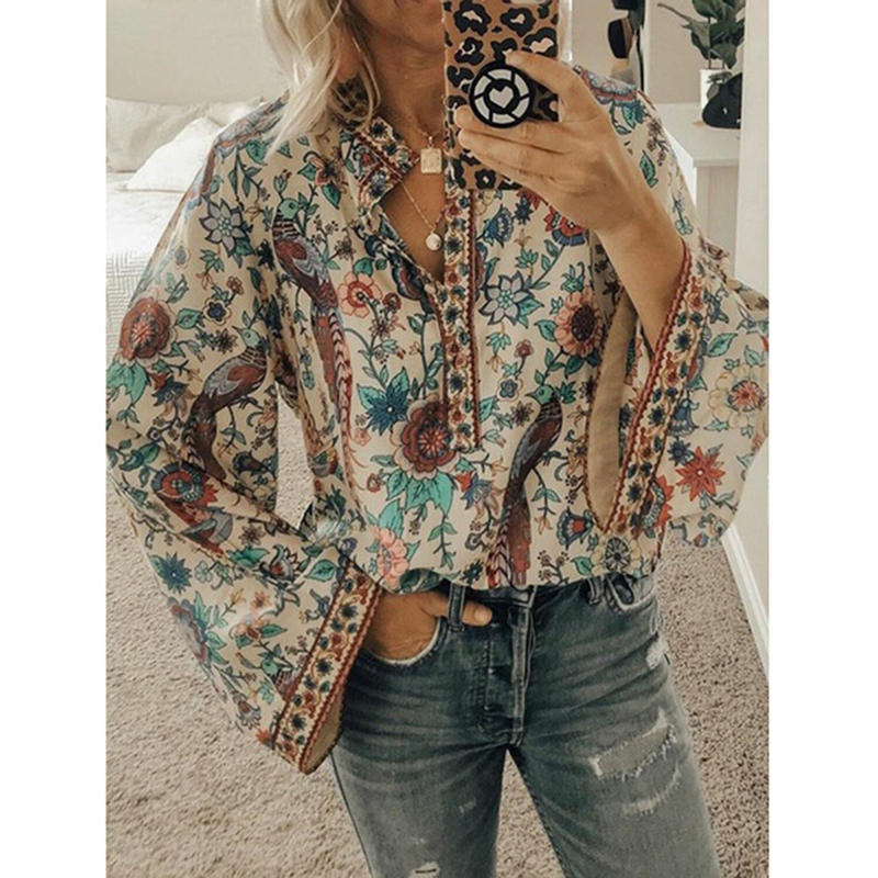 CINESSD  Women Print Blouses Casual Loose Tops Stand V Neck Long Sleeves Button Plus Size Pullover Female Tee Shirts Blouse