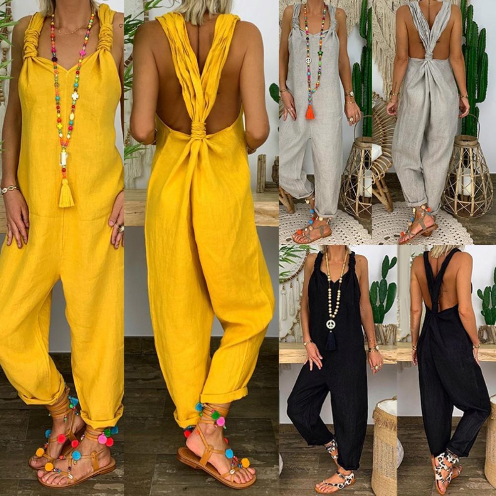 80% SALES！！！Women Solid Color Bib Overall Sleeveless Backless Knotted Jumpsuit Dungarees