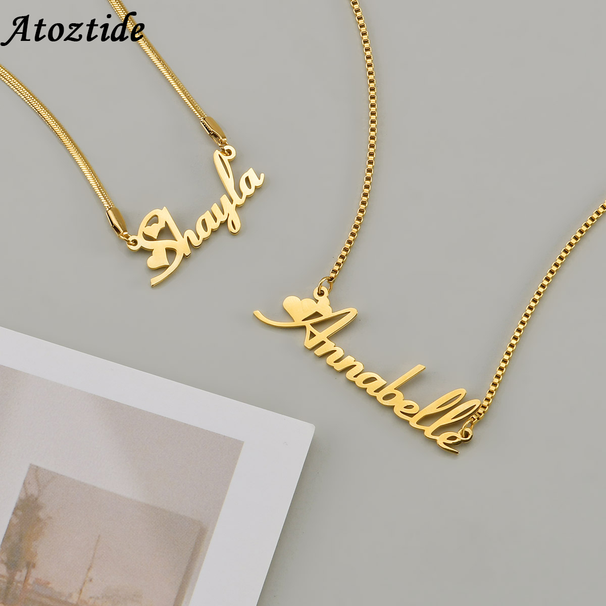 Atoztide Custom Name Necklace Stainless Steel Box Chain Blade Nameplate Pendants Personalized Letter for Women Jewelry Gift