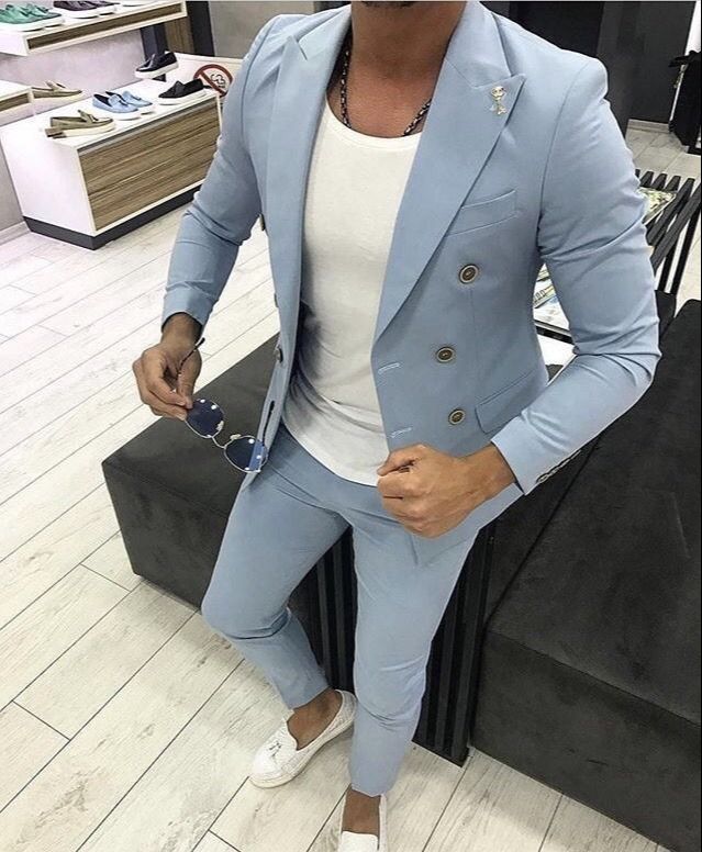 Slim Fit Casual Light Blue Blazer Sets For Men 2 Pieces Double-Breasted Men Suit Set Wedding Groom Jacket With Suit Pants