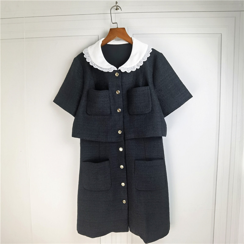  Spring and Autumn  Doll Hook Flower Large Lapel Woolen Dress Single Breasted