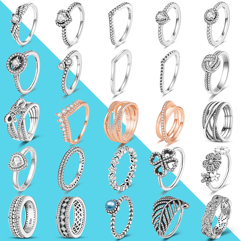  Trendy Finger Ring Real 925 Silver Rings Infinite Flower Sparking Zircon Princess Wishbone Heart Ring  Women Rings