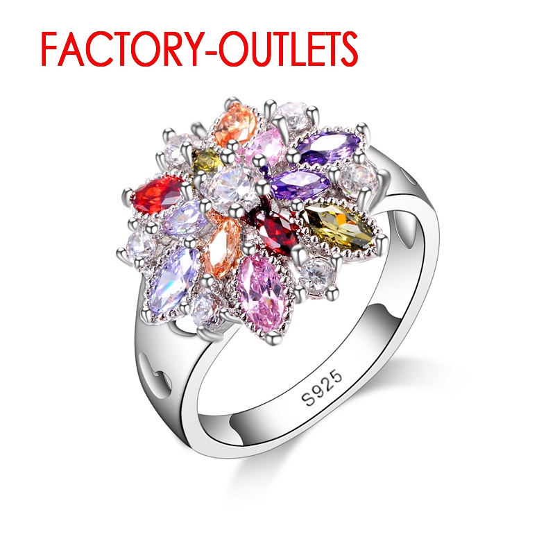 925 Sterling Silver Ring  Jewelry Colourful Cubic Zirconia Flower Design Cute Style Women Girls Party Engagement