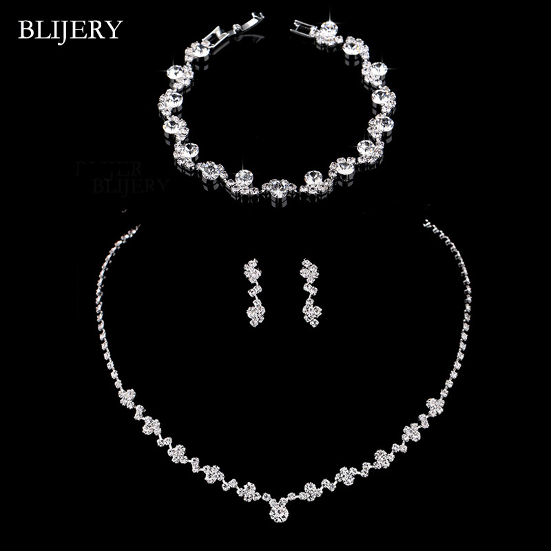 BLIJERY  Crystal Bridal Jewelry Sets Silver Color Geometric Choker Necklace Earrings Bracelet Wedding Jewelry Sets