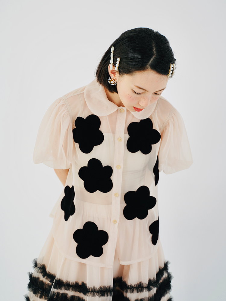 imakokoni  Spring/Summer Taiwan Satin Puff Sleeve Doll Collar Short Sleeve Sunscreen Single Breasted Shirt 223603