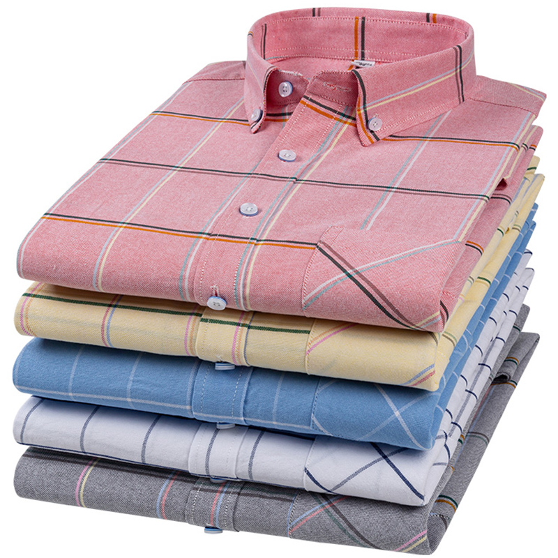 S-6XL Mens Oxford Plaid Casual Dress Shirt For Men Long Sleeve Front Patch Chest Pocket Regular-fit Button-down Thick Work Shirt
