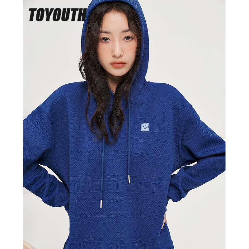 Toyouth Women Sweatshirts with Hat  Autumn Long Sleeve O Neck Loose Hoodies 3D Geometric Klein Blue Chic Casual Streetwear P