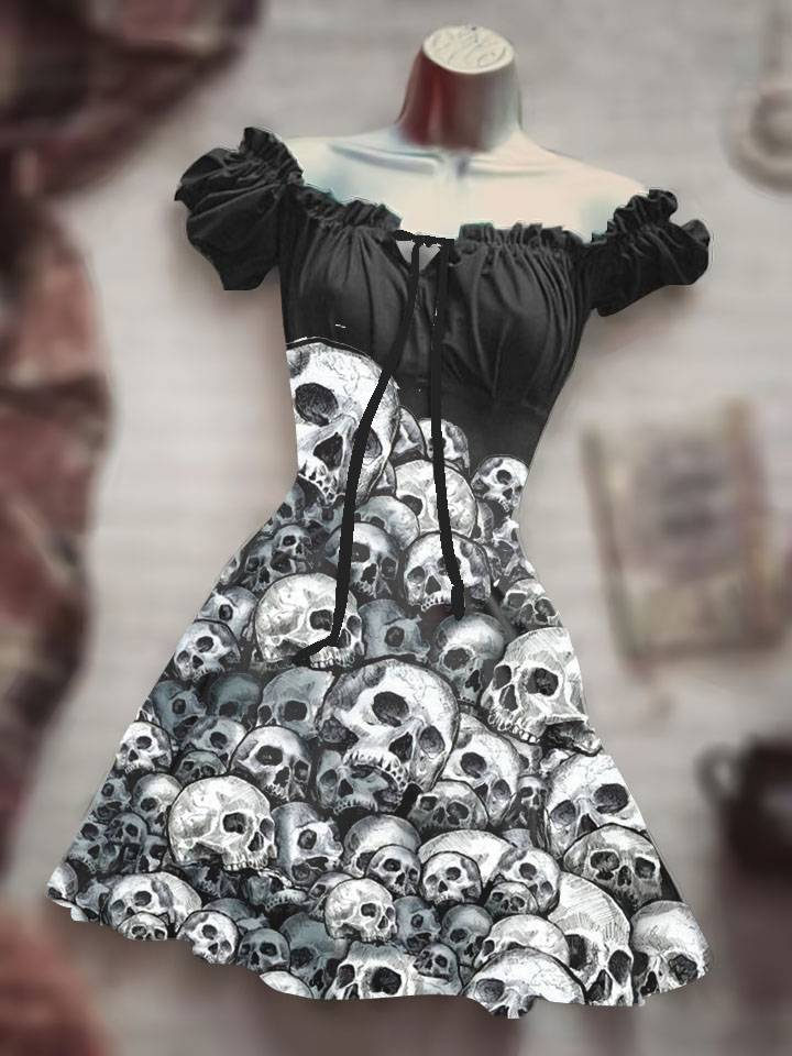 Horror Halloween Skull Costume puff sleeve Skirt Hawaiian Bohemian Short Sleeve Drawstring leisure Dress Skull Night Costume