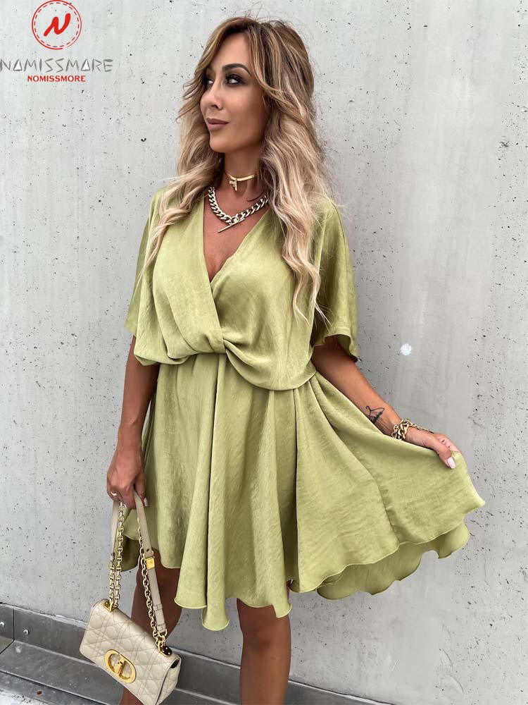  Women Summer Solid Color A-Line Dress Irregular Design V-Neck Half Sleeve Mid Waist Casual Loose Mini Dress
