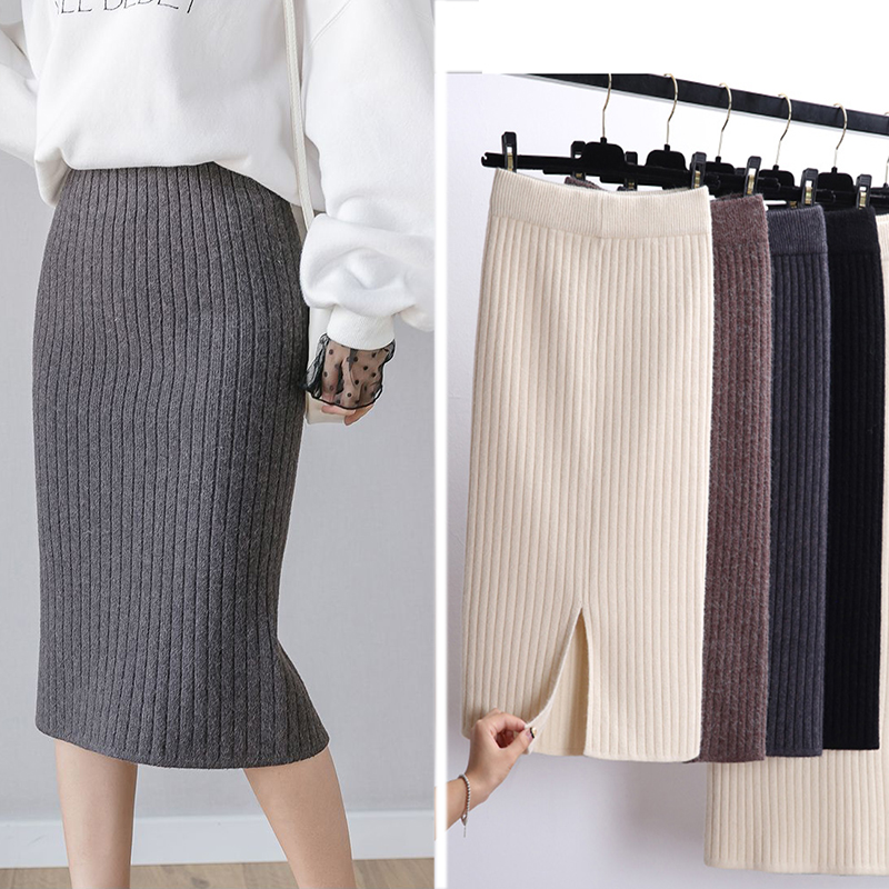  Women Office Skirt Spring autumn Sexy Warm Knitted Black Pencil Skirts Ladies High Waist Elegant Long Skir Party Club Skirt
