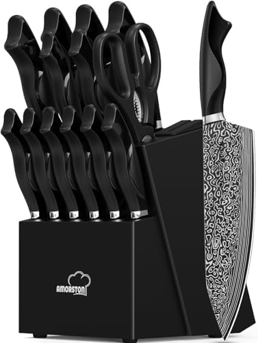 Knife Set, 15 Pieces Kitchen Knife Set with Built in Sharpener, High Carbon German Stainless Steel Knife Block Set, Dishwasher Safe