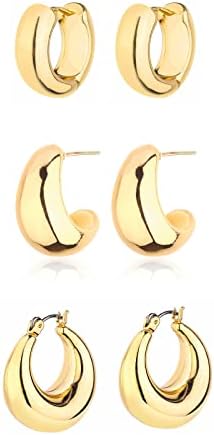 Gold Chunky Hoop Earrings Set for Women, 14K Gold Plated Twisted Huggie Hoop Earring Hypoallergenic, Thick Open Hoops Set Lightweight