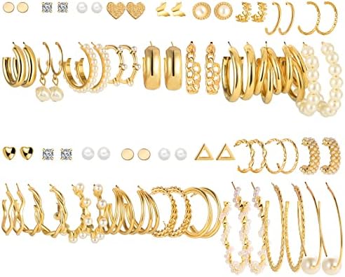 FAXHION 36 Pairs Gold Earrings Set for Women, Fashion Pearl Chain Link Stud Drop Dangle Earrings Multipack Hoop Earring Packs, Hypoallergenic Earrings for Birthday Party Jewelry