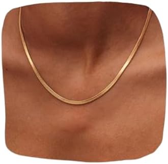 Hey Harper Nassau Necklace - Waterproof & Sweatproof Simple Womens Necklaces for Everyday Wear - Silver, Rose Gold, Gold Necklaces for Women - Stainless Steel Necklace - Herringbone Chain with 14k Gol
