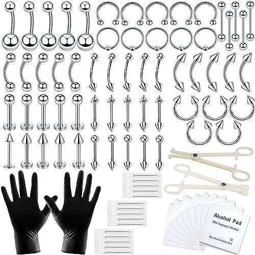 84&98&120PCS Body Septum Piercing Kit 14G 16G Tools for Nose Tongue Lip Ear Eyebrow Belly Button Cartilage Tragus Industrial Barbell Helix Daith Piercing Jewelry Clamps