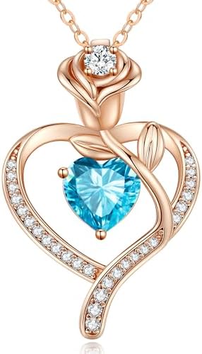 LOUISA SECRET Rose Flower Heart Birthstone Necklaces for Women, 925 Sterling Silver Fine Jewelry, Pendant Heart Necklaces Birthday Anniversary Christmas Gift for Women Wife Mom Girlfriend Lady