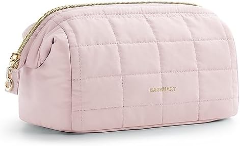 BAGSMART Makeup Bag Travel Toiletry Bag, Puffy Padded Make Up Bags for Women Makeup Organizer Case, Wide-open Pouch Purse Travel Essentials Toiletries Accessories Brushes, Pink