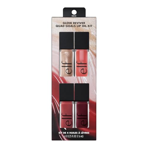 e.l.f. Glow Reviver Quad Goals Lip Oil Kit, Lip Gloss For A High-Gloss Finish & Sheer Wash Of Color, Non-Sticky, Vegan & Cruelty-Free, 4 Glosses