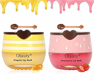 2 PCS Bee Lip Balm Lip Mask Honey Pot, Honey & Strawberry Lip Mask Propolis Moisturizing Lip Balm with Stick - Hydrating Prevention Dry and Cracked Lip Scrubs Exfoliato Lip Wrinkle Care
