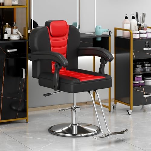 Merax, Red+Black Classic Reclining Barber Salon Chair, for Hair Stylist with Heavy Duty Hydraulic Pump, 360° Rotation, Tattoo Shampoo Beauty Equipment, 25.2D x 19.30W x 41.7H