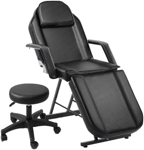 3-Section Tattoo Chair, Adjustable Professional Salon Massage Bed Tattoo Bed Chair with Spa Stool and Towel Hook for Beauty Barber Spa Beauty Equipment, Black (Black)