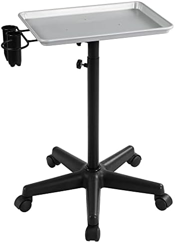 Yaheetech Rolling Salon Tray - Aluminum Trolley Cart Equipment on Wheels & Adjustable Height Mobile Beauty Salon Spa Stools Service Instrument Storage Tray w/Accessory Caddy - Silver