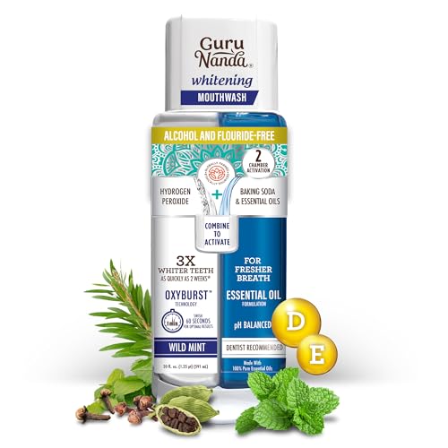 GuruNanda Teeth Whitening Dual Barrel Oxyburst Mouthwash - Alcohol & Fluoride Free, Hydrogen Peroxide to Promote Whiter Teeth - Wild Mint - 20 Fl Oz