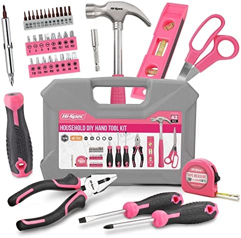 Hi-Spec 42pc Pink Household DIY Tool Set for Women. Home, Office and College Dorm Small Tool Kit of Starter Basic Ladies Tools