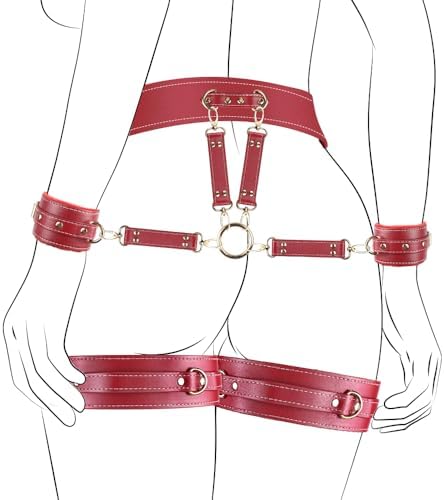 Sex Restraints Kit - 6PCS Sets with Adjustable Handcuffs Thigh Cuffs Ankle Cuff Blindfold Cross Strap Waist Strap, BDSM Slave Gameplay Tools for Men Women and Couples (Red)