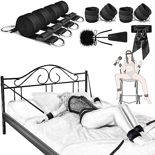 Sex Bondage Restraints BDSM Toys, Selver Versatile Bed Restraints Couple Sex Toys with Sex Straps Bondage Cuffs Blindfold & Feather BDSM Kit, Adult Sex Toys Bondage Gear & Accessories for Couples Game