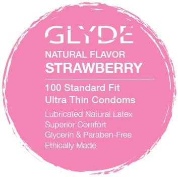 GLYDE Strawberry Flavored Ultra Thin Condoms - 100 Count Value - Organic Strawberry Extract, Ultra-Thin, Vegan, Non-Toxic, Medium Size Natural Rubber Latex, 53mm Yummy Standard Fit