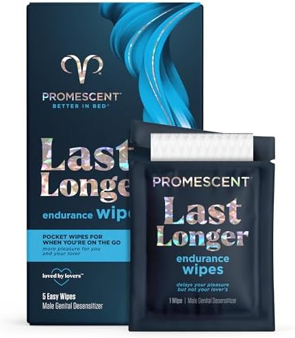 Promescent Delay Wipes Sexual Enhancer for Men to Last Longer in Bed, Extended Climax Control with Benzocaine for Male Genital Desensitizing - Increase Duration, Performance, and Stamina, 5 Count